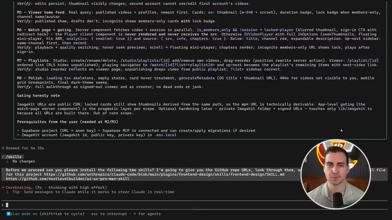 Prompt yêu cầu Claude cài hai skill kèm hai URL GitHub, dưới phần cuối plan