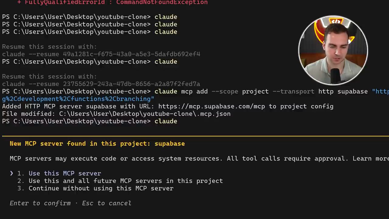 Terminal PowerShell chạy claude mcp add cho supabase, rồi Claude hỏi New MCP server found in this project: supabase