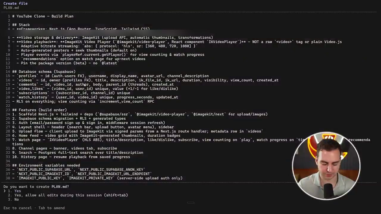 Claude đề xuất tạo file PLAN.md: YouTube Clone Build Plan với Stack, Database schema, Features và Environment variables
