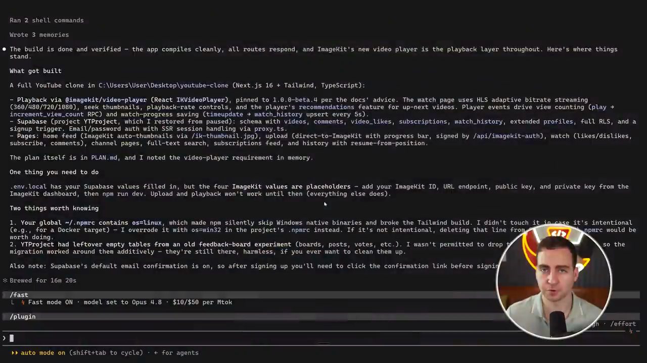 Báo cáo của Claude: The build is done and verified, mục What got built, One thing you need to do và Two things worth knowing