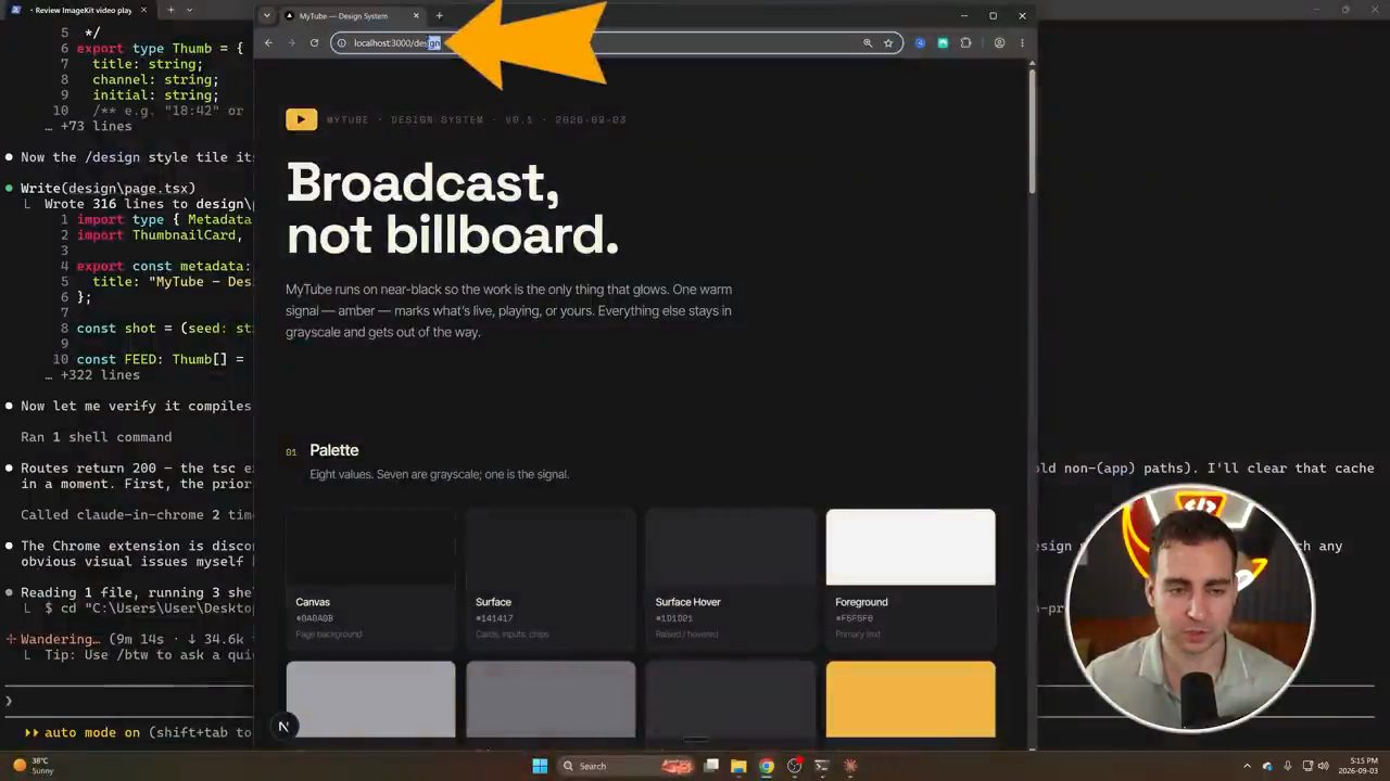 Trang /design của MyTube: tiêu đề Broadcast, not billboard. và phần Palette với các ô màu Canvas, Surface, Surface Hover, Foreground