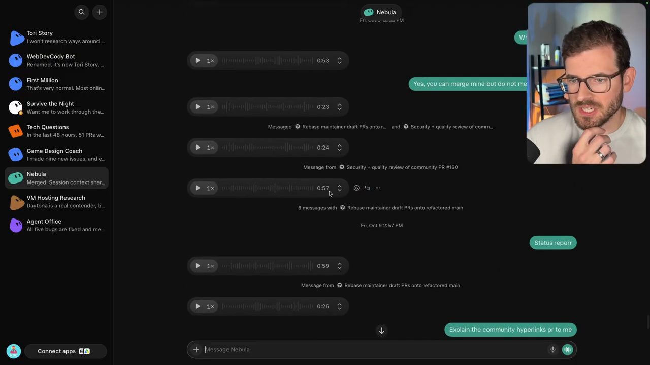 App Grok Bot: thanh bên trái liệt kê các bot Tori Story, WebDevCody Bot, First Million, Survive the Night, Tech Questions, Game Design Coach, Nebula, VM Hosting Research, Agent Office; khung chat của bot Nebula toàn là tin nhắn thoại