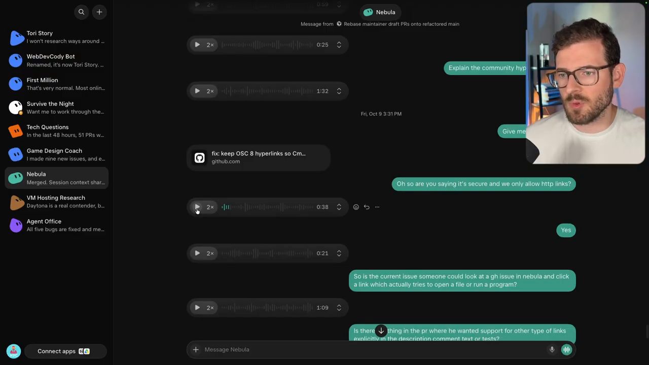 Chat với bot Nebula: thẻ PR fix: keep OSC 8 hyperlinks, các câu hỏi Cody gõ về việc PR có an toàn không, và tin thoại phát ở tốc độ 2x