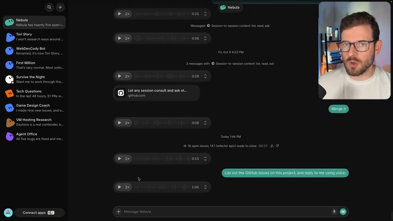 Chat với bot Nebula: tin Merge it, mốc Today 1:44 PM, câu List out the GitHub issues on this project, and reply to me using voice, và một tin thoại dài 1:06