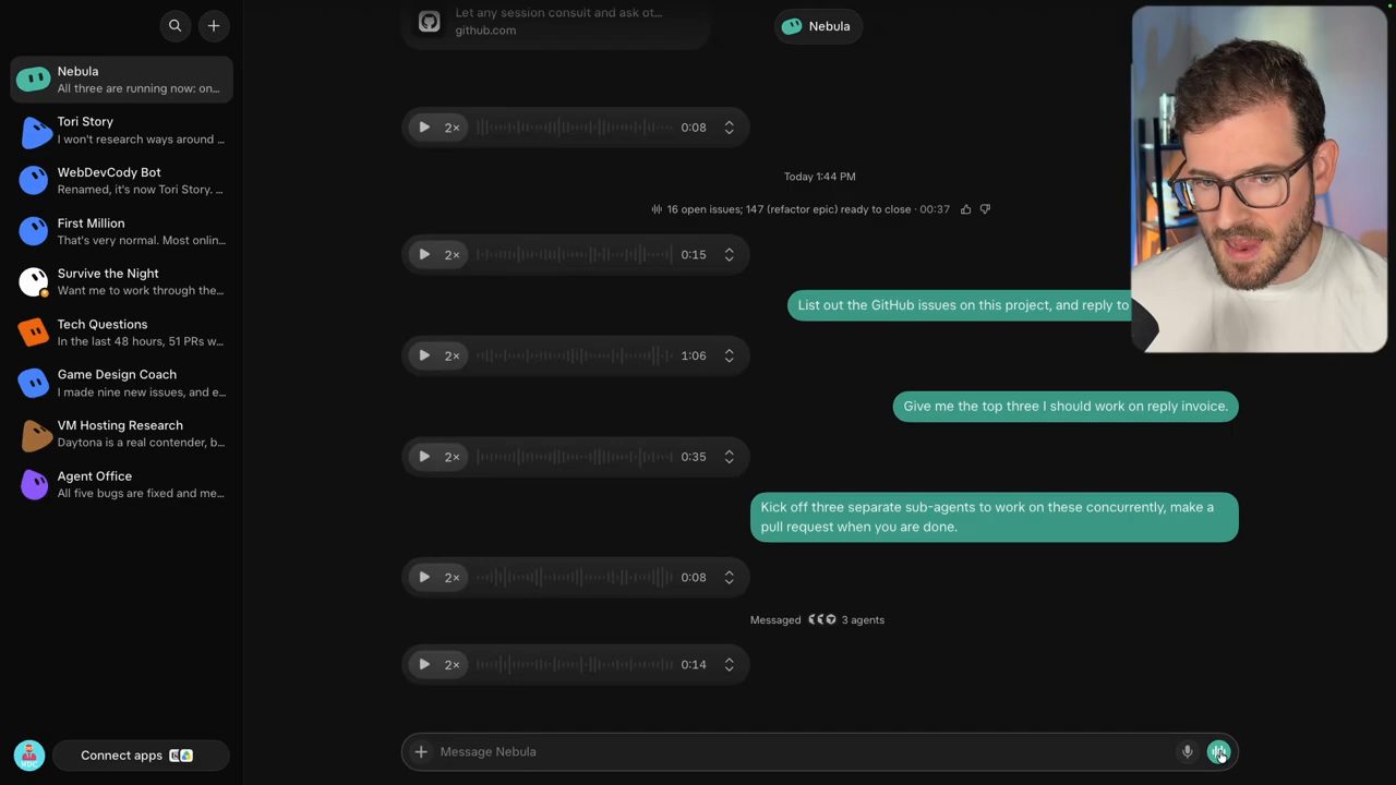 Chat với bot Nebula: ba câu lệnh liên tiếp List out the GitHub issues, Give me the top three, Kick off three separate sub-agents, và dòng Messaged 3 agents