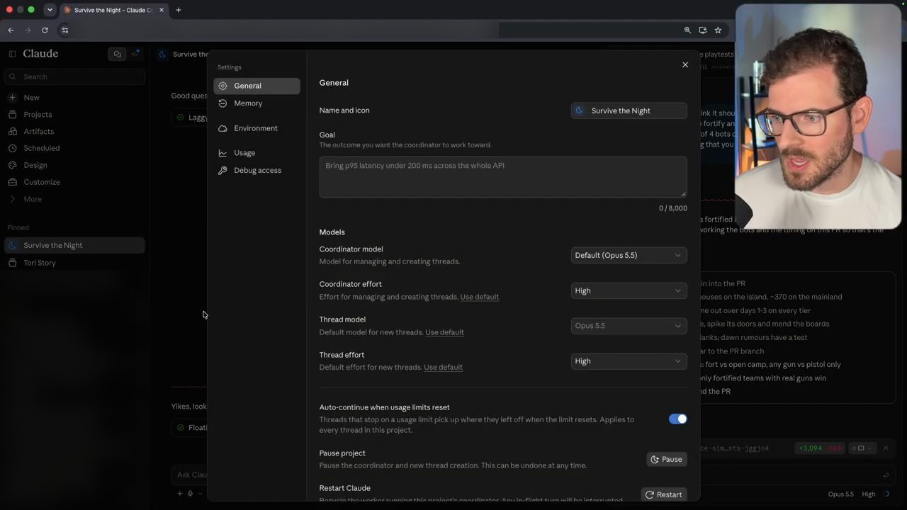 Hộp thoại Settings của project Survive the Night trong Claude Code bản web: Goal, Coordinator model Default (Opus 5.5), Coordinator effort High, Thread model Opus 5.5, Thread effort High, Auto-continue when usage limits reset đang bật