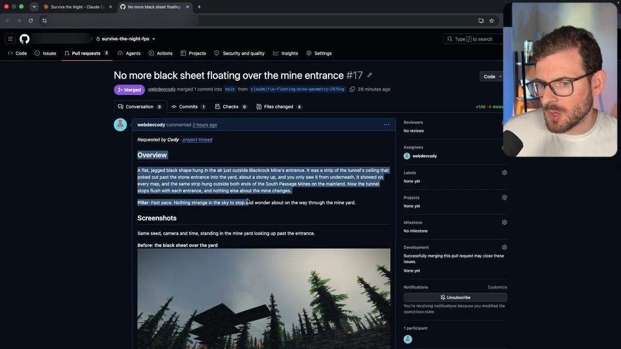 Trang GitHub của pull request 17 No more black sheet floating over the mine entrance, đã merge, với phần Overview, Pillar và Screenshots Before