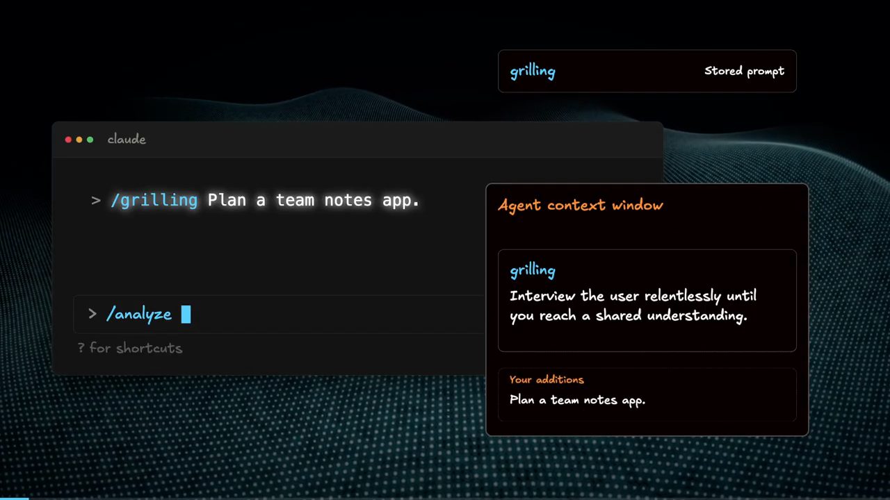Terminal claude gõ /grilling Plan a team notes app và khung Agent context window