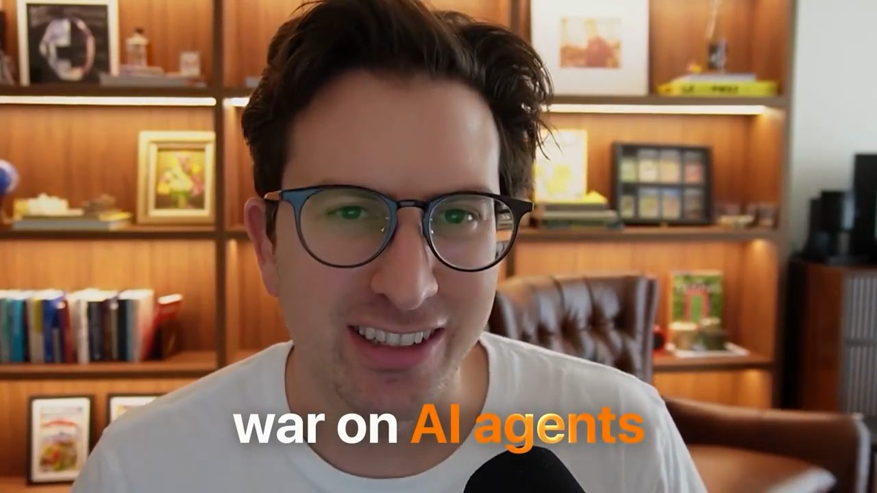 Greg Isenberg nói trước camera, dòng chữ war on AI agents hiện bên dưới