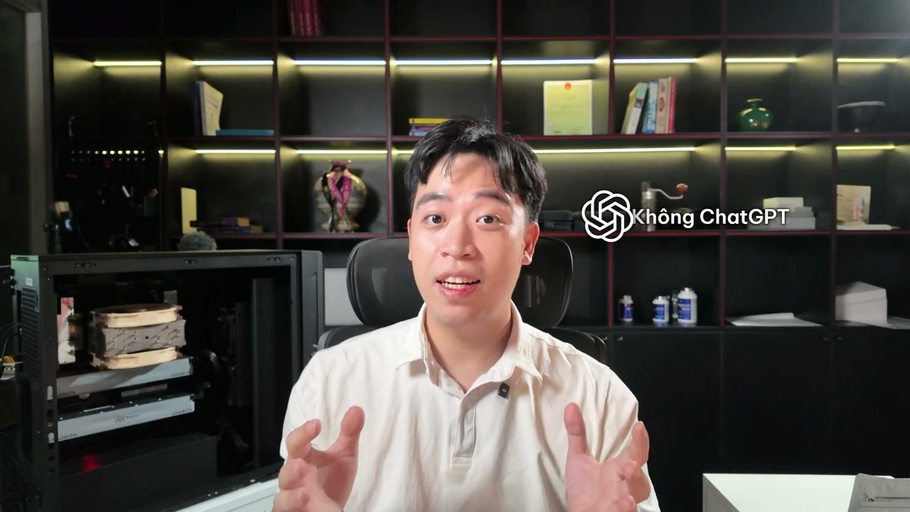 Thanh Trần nói trước ống kính, bên cạnh là chiếc máy trạm mở nắp hông, dòng chữ Không ChatGPT