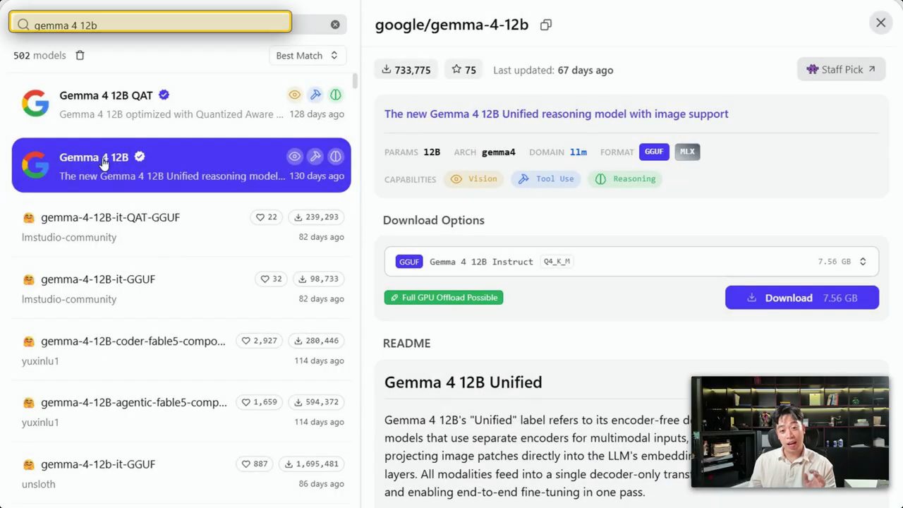 Trang tìm model trong LM Studio, ô tìm kiếm gemma 4 12b, bên phải là thông tin google/gemma-4-12b và nút Download 7.56 GB
