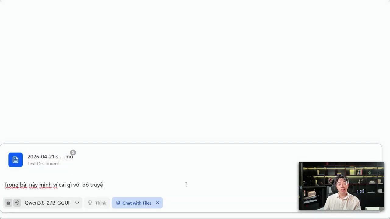 Ô chat LM Studio có file Markdown đính kèm, câu hỏi đang gõ về bộ truyện, chế độ Chat with Files đang bật