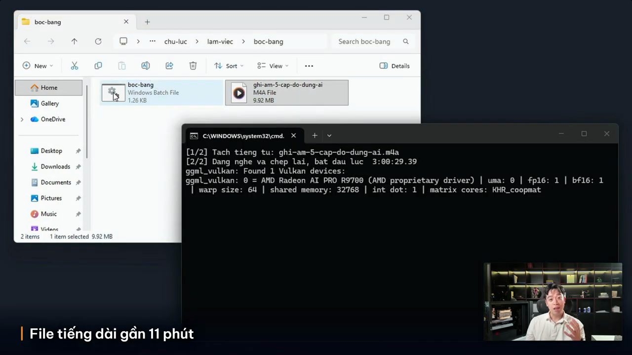 Thư mục boc-bang có file batch và file ghi âm M4A, cửa sổ cmd báo đang tách tiếng và nhận AMD Radeon AI PRO R9700 qua Vulkan