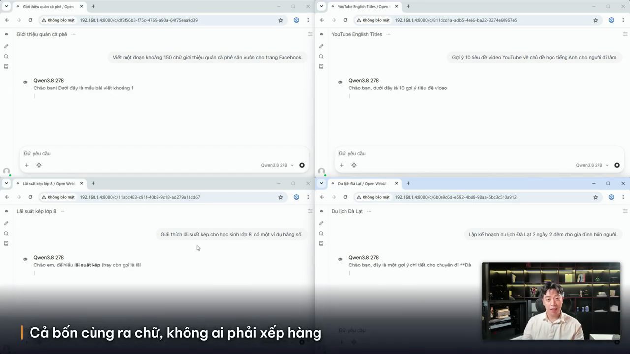 Bốn cửa sổ trình duyệt Open WebUI, mỗi cửa sổ một câu hỏi khác nhau, Qwen3.8 27B đang trả lời cả bốn