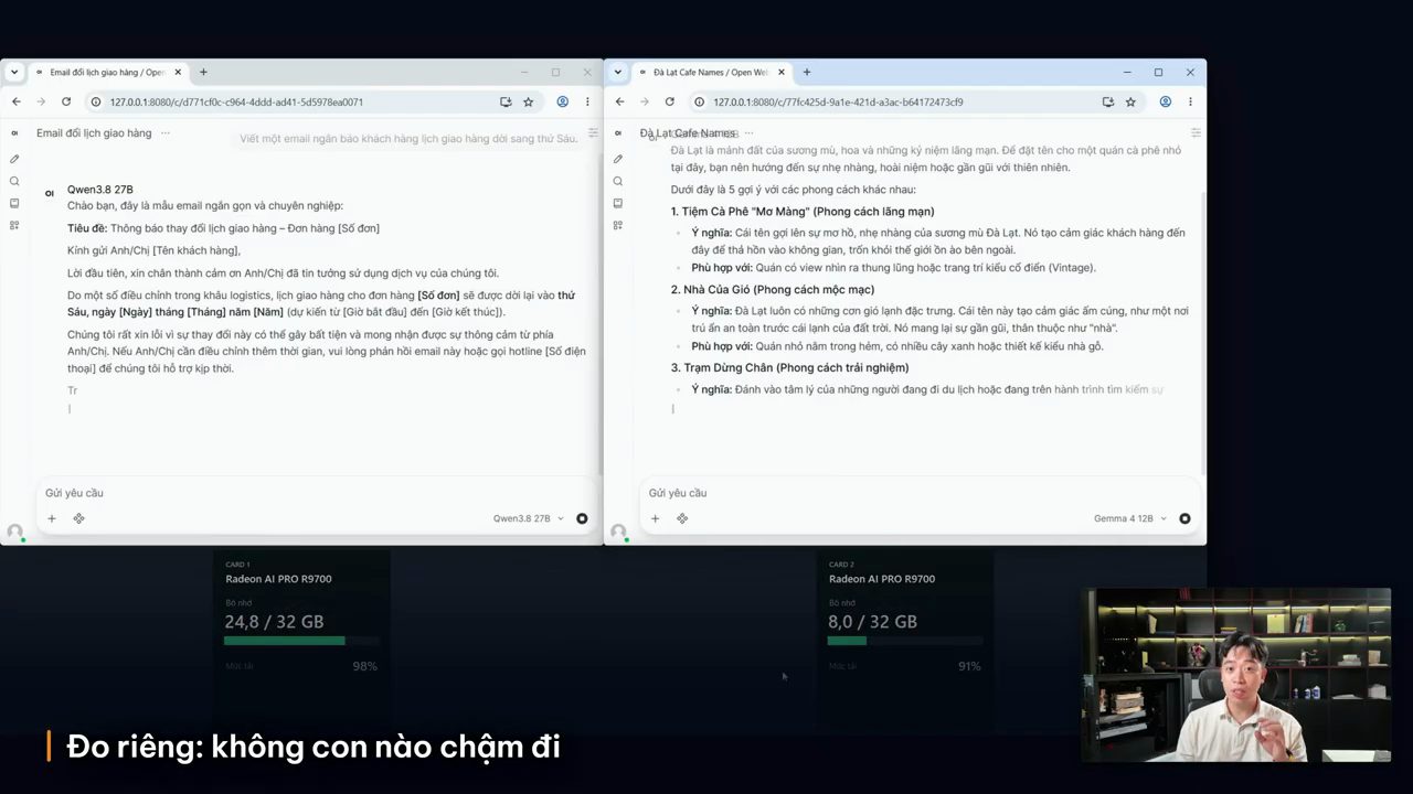 Hai cửa sổ chat cạnh nhau, bên trái Qwen3.8 27B, bên phải Gemma 4 12B, bên dưới là hai ô bộ nhớ card 1 và card 2