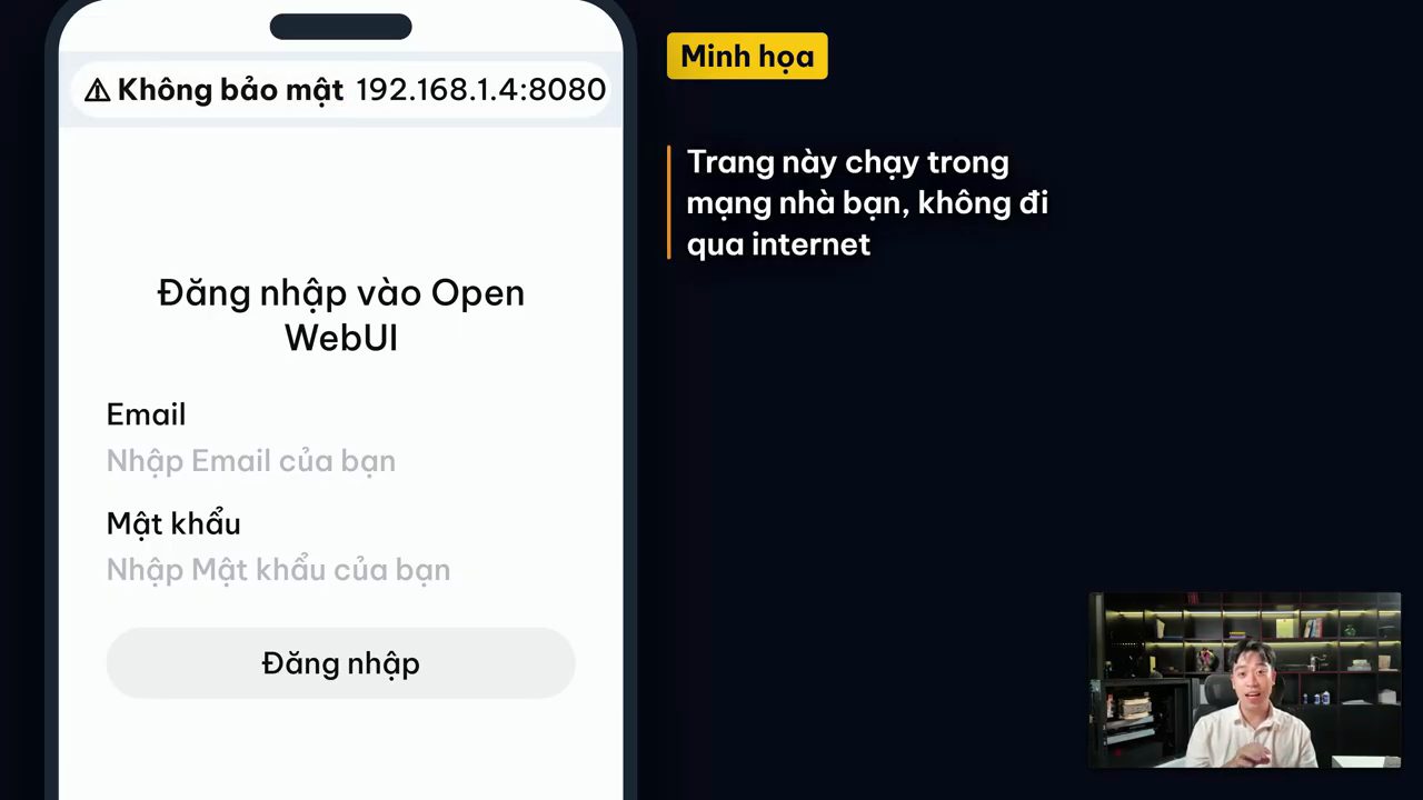 Minh họa màn hình điện thoại vào địa chỉ 192.168.1.4:8080, trình duyệt ghi Không bảo mật, trang Đăng nhập vào Open WebUI