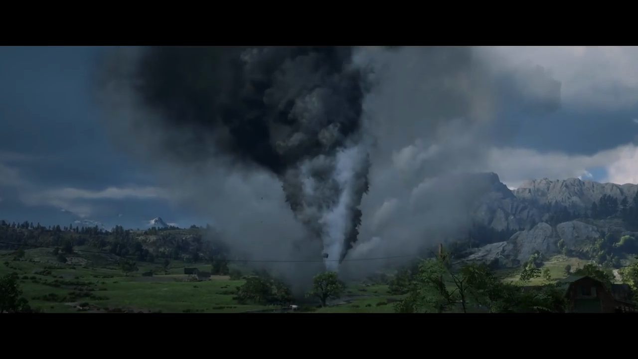 Một cơn lốc xoáy đen khổng lồ chạm đất giữa thung lũng xanh trong Red Dead Redemption 2