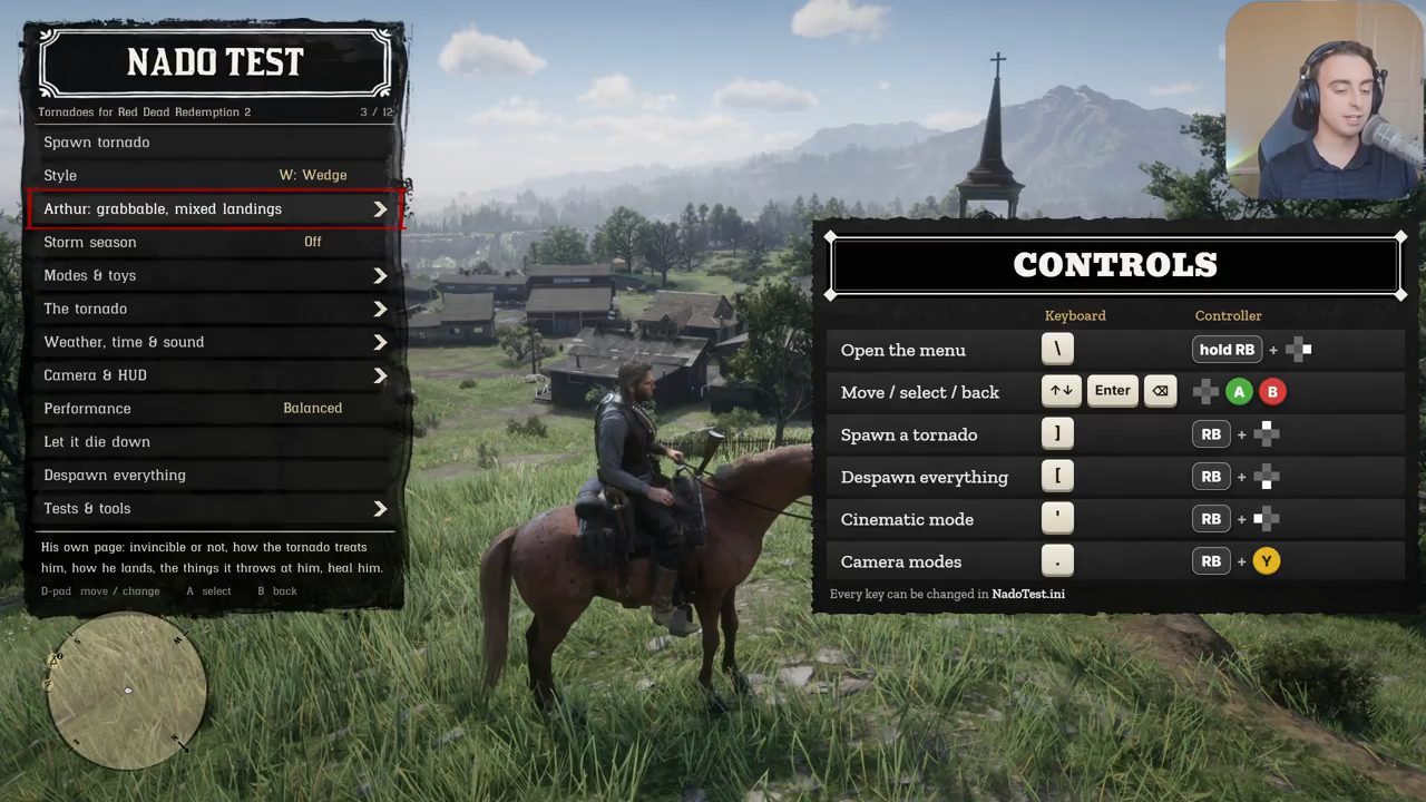 Menu NADO TEST bên trái và bảng CONTROLS bên phải trên nền thị trấn Valentine