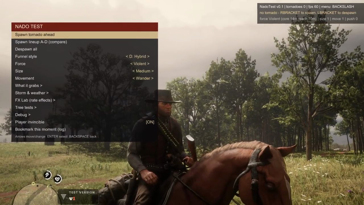 Menu NADO TEST bản v0.1 với các mục Spawn tornado ahead, Funnel style, Force, Size, Movement
