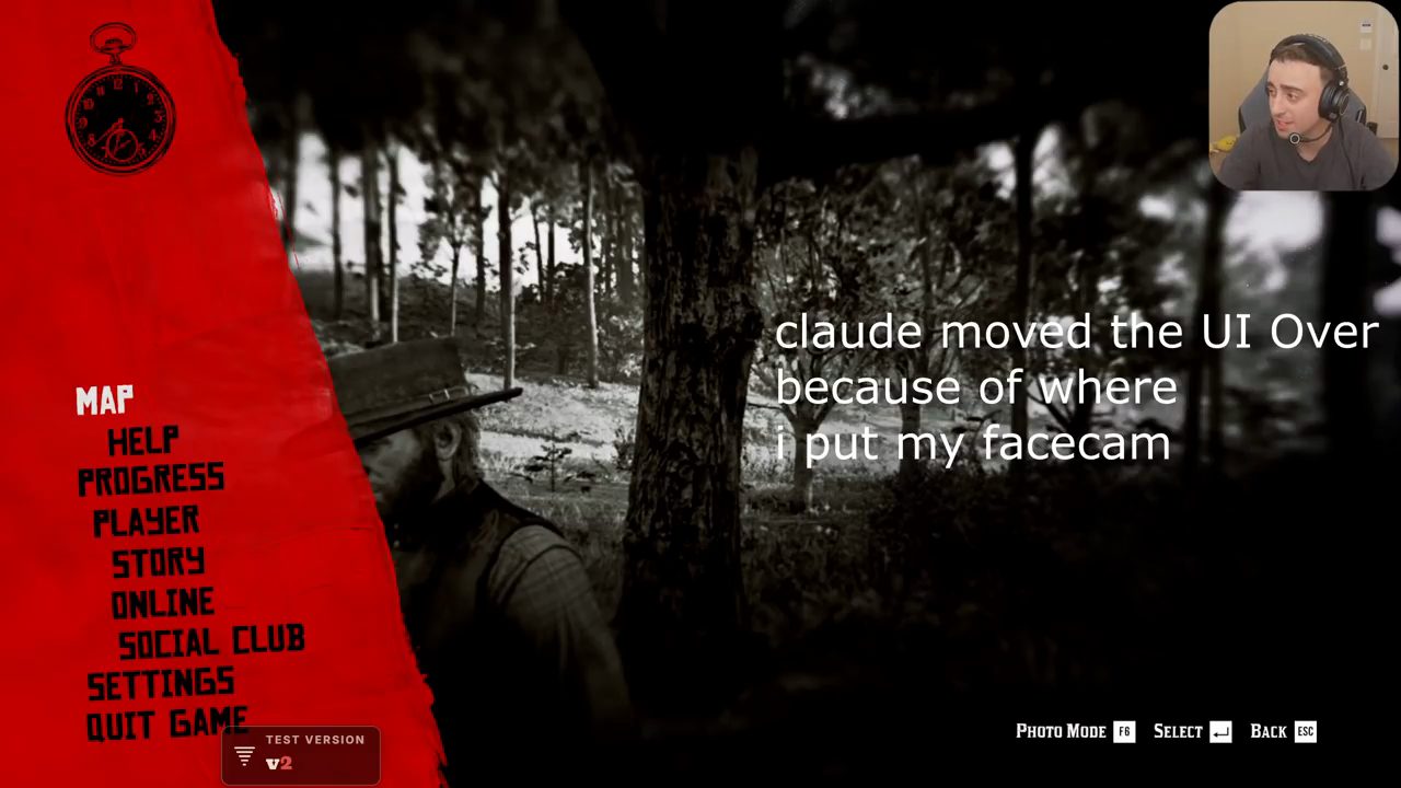 Màn hình tạm dừng của Red Dead 2 với dòng chữ chèn claude moved the UI over because of where i put my facecam