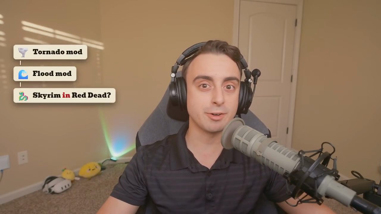 Matt nói trước camera, bên trái là ba thẻ Tornado mod, Flood mod, Skyrim in Red Dead?