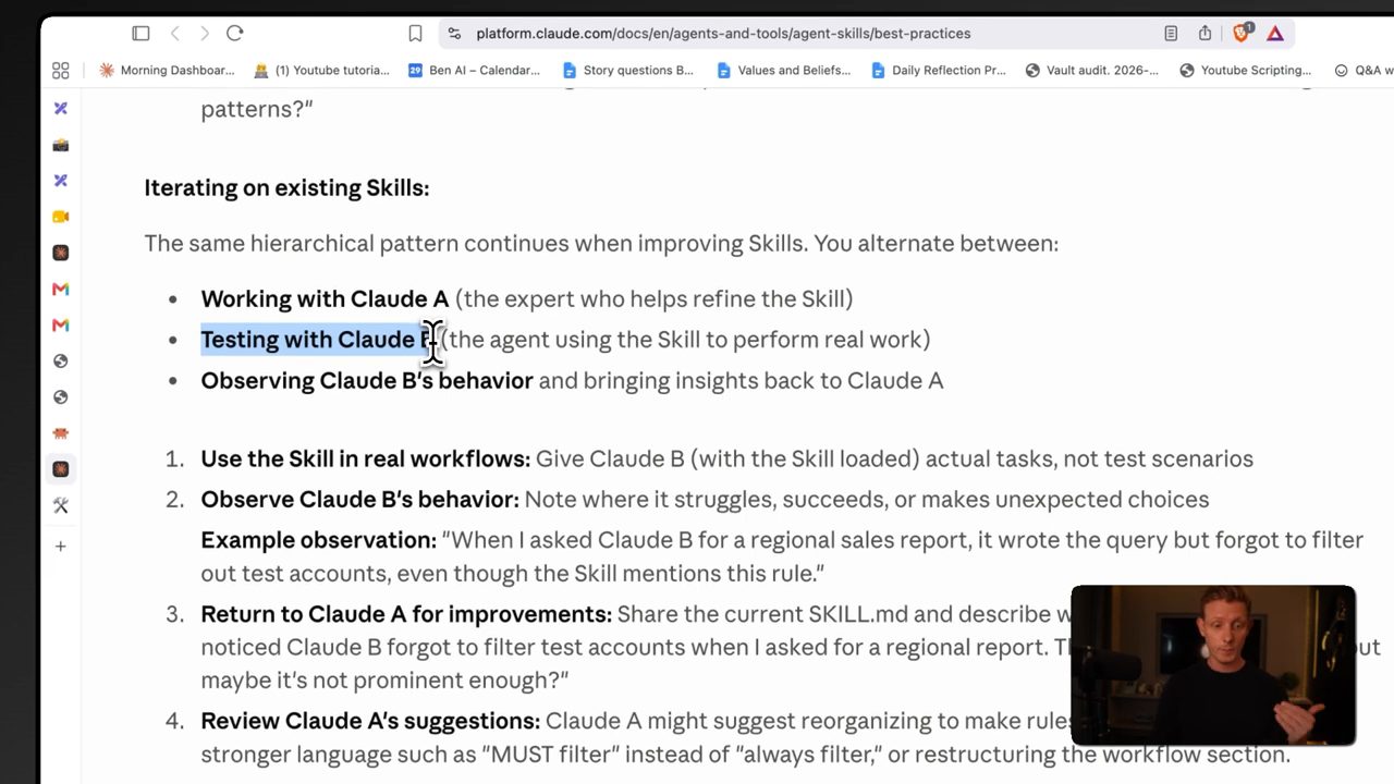 Tài liệu best practices, mục Iterating on existing Skills: Working with Claude A, Testing with Claude B, Observing Claude B's behavior