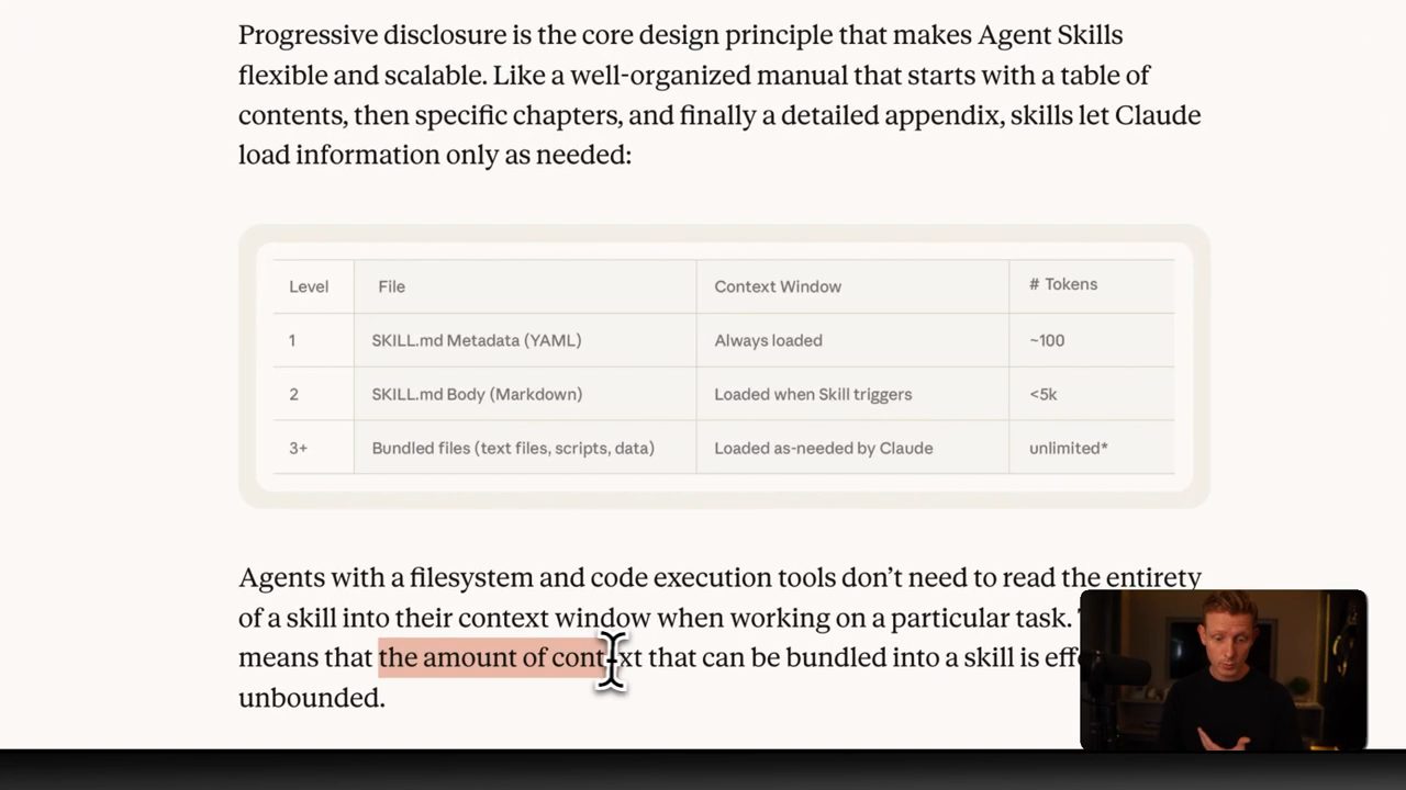 Engineering blog của Anthropic: bảng ba mức progressive disclosure, metadata khoảng 100 token, SKILL.md body dưới 5k, bundled files không giới hạn