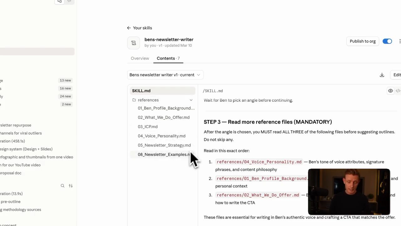 Skill bens-newsletter-writer: thư mục references và STEP 3 Read more reference files (MANDATORY) liệt kê ba file phải đọc