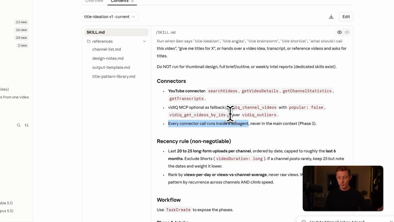 Skill title-ideation, mục Connectors: YouTube connector, vidIQ MCP fallback, Every connector call runs inside a subagent, never in the main context