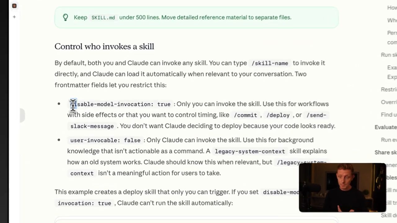 Tài liệu Claude Code, mục Control who invokes a skill: disable-model-invocation: true và user-invocable: false