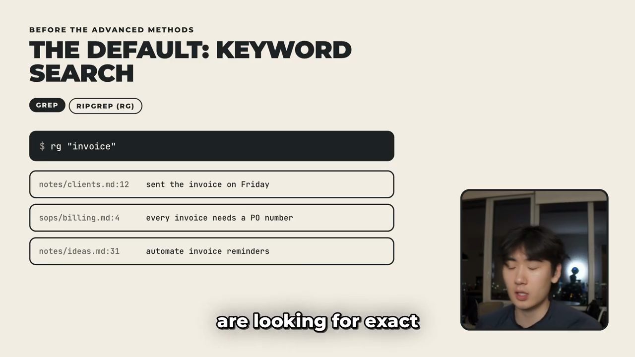 Slide 'The default: keyword search' với lệnh rg invoice và ba dòng kết quả