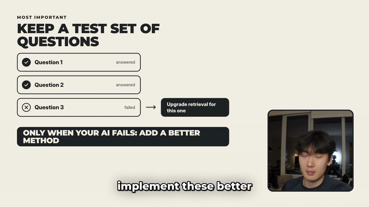 Slide 'Keep a test set of questions': Question 1 và 2 answered, Question 3 failed dẫn tới 'Upgrade retrieval for this one'