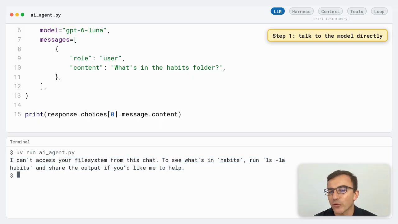 Editor ai_agent.py với lời gọi chat.completions và terminal in câu trả lời I can't access your filesystem from this chat