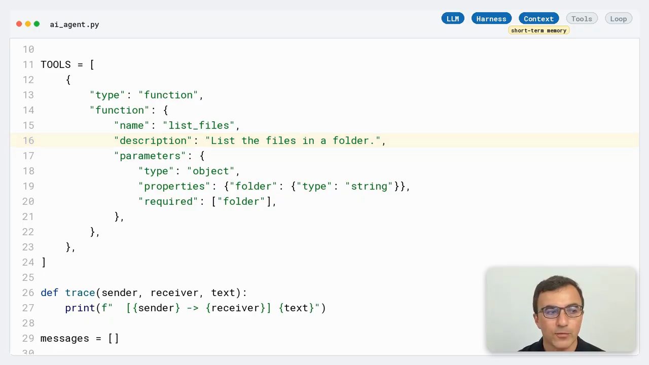 Code định nghĩa TOOLS với một tool kiểu function tên list_files, description List the files in a folder, tham số folder kiểu string, bắt buộc