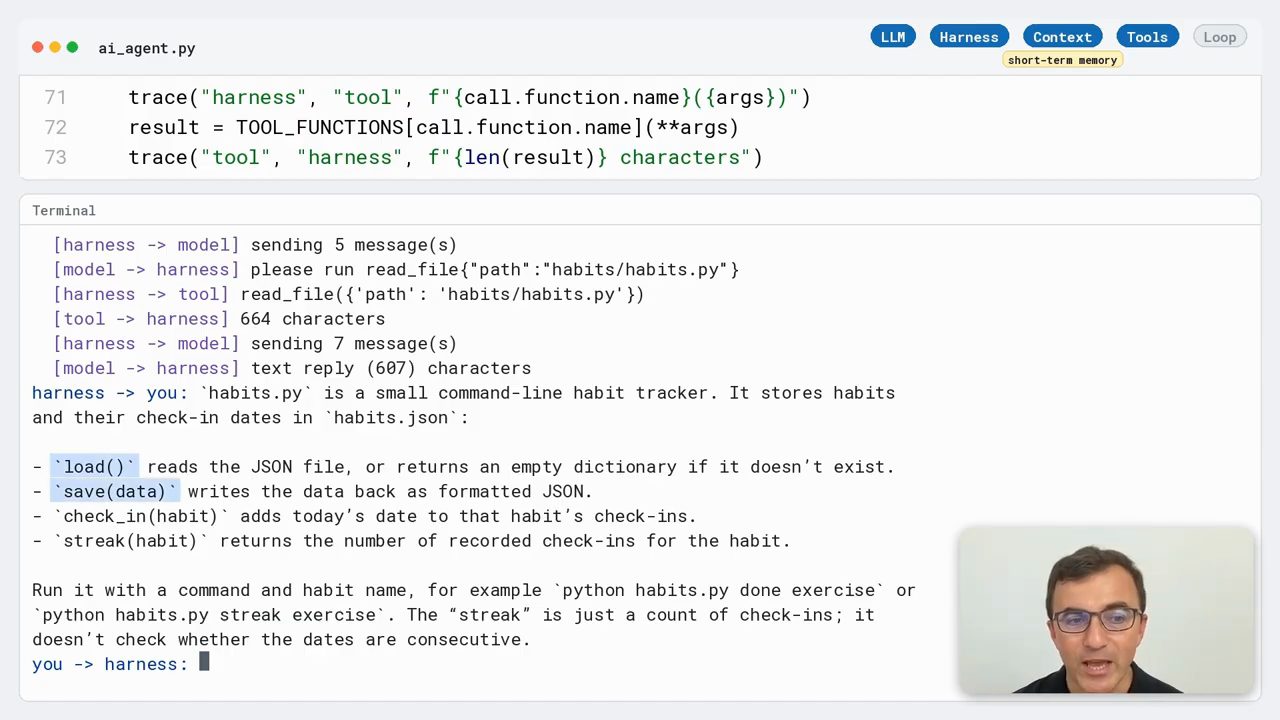 Terminal: model xin read_file habits/habits.py, tool trả 664 characters, model mô tả habits.py là một command-line habit tracker với load, save, check_in, streak