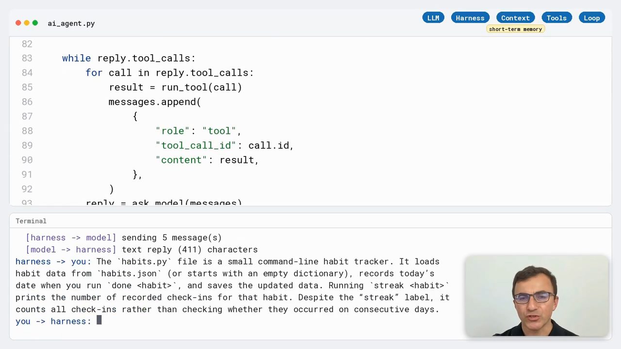 Code while reply.tool_calls và terminal: model trả text reply 411 characters tóm tắt habits.py