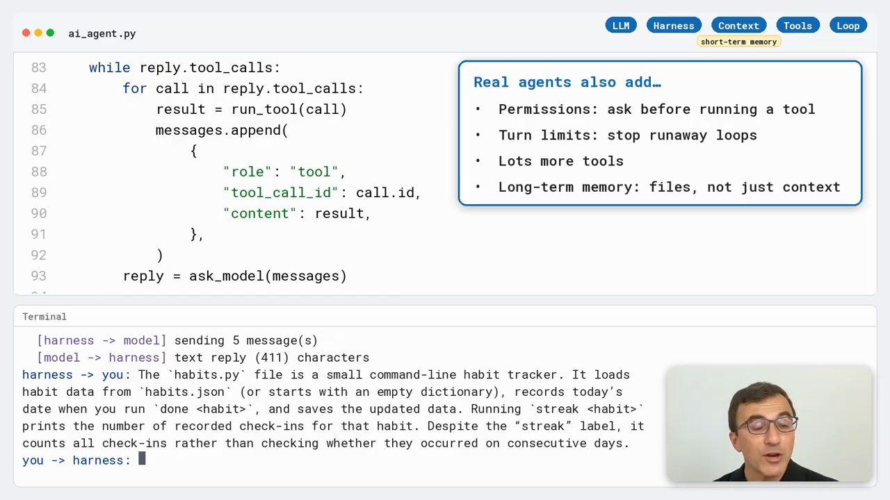 Hộp chữ Real agents also add: Permissions, Turn limits, Lots more tools, Long-term memory, đặt cạnh code while reply.tool_calls