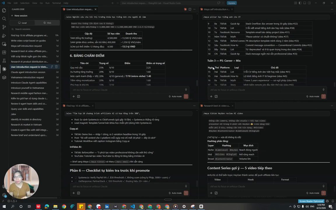 Visual Studio Code chia bốn ô, mỗi ô là một phiên Claude Code đang chạy một việc khác nhau