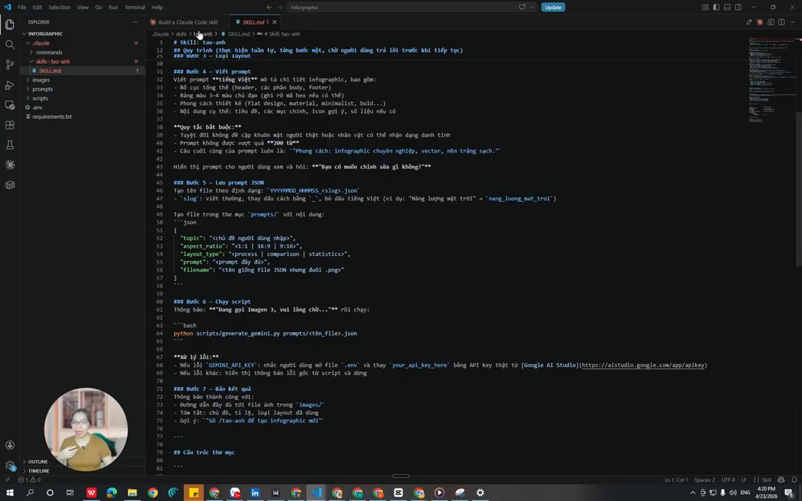 File SKILL.md của skill tao-anh mở trong Visual Studio Code, hiển thị Bước 4 đến Bước 7