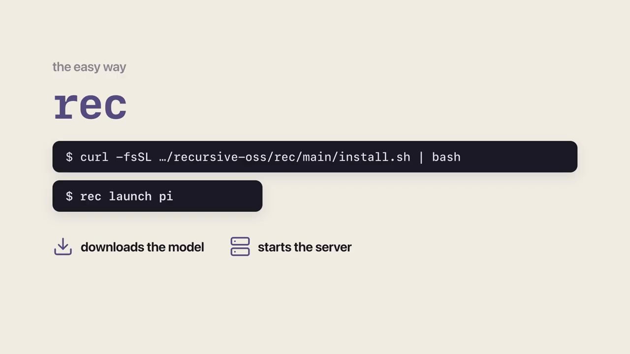 Slide the easy way: rec, với hai lệnh curl cài đặt và rec launch pi, kèm nhãn downloads the model và starts the server