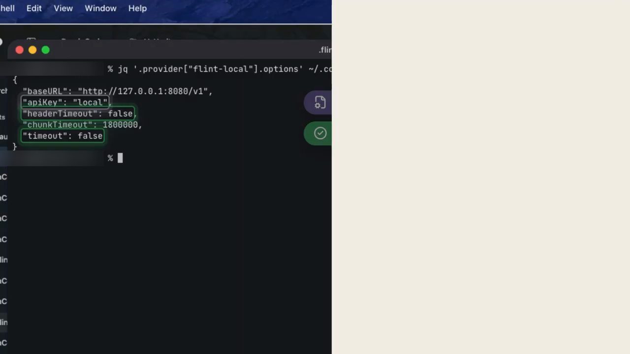 Terminal chạy jq đọc options của provider flint-local trong config OpenCode, các dòng apiKey, headerTimeout false và timeout false được khoanh