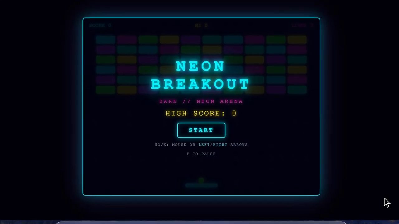 Màn hình bắt đầu của game NEON BREAKOUT với dòng DARK // NEON ARENA, HIGH SCORE: 0, nút START, hướng dẫn di chuyển bằng chuột hoặc phím mũi tên và P để pause
