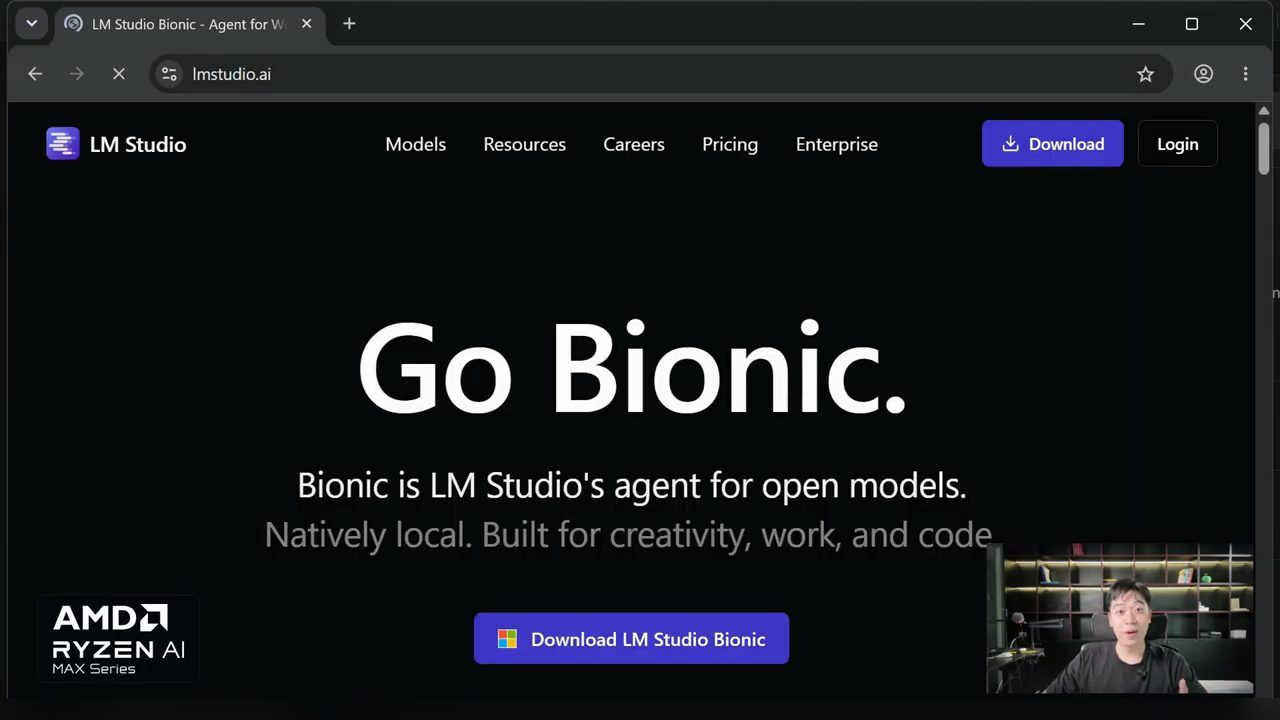 Trang chủ lmstudio.ai với dòng chữ Go Bionic và nút Download LM Studio Bionic