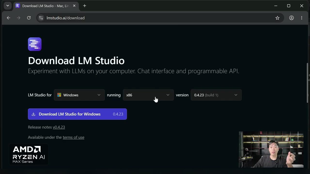 Trang lmstudio.ai/download với ba ô chọn và nút Download LM Studio for Windows
