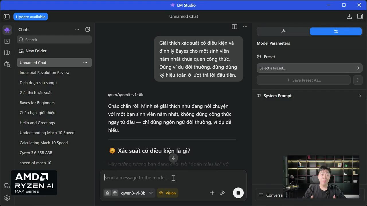 LM Studio đang trả lời câu hỏi về xác suất có điều kiện và định lý Bayes