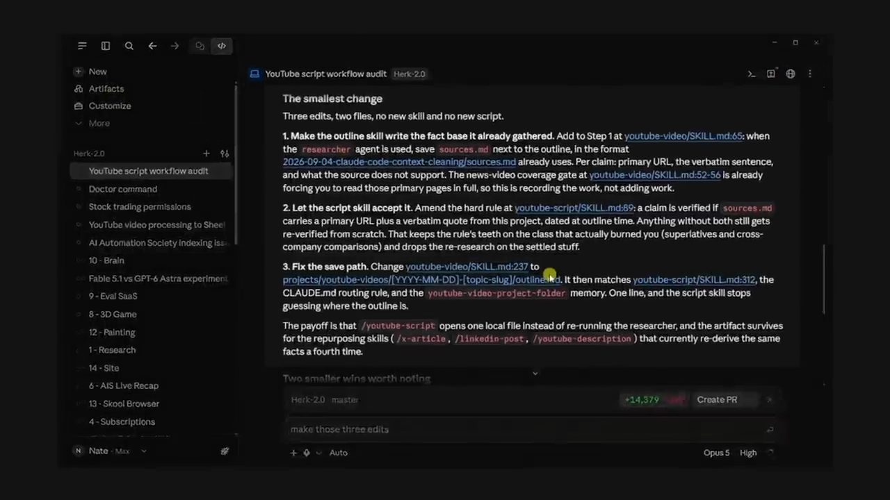 Kết quả YouTube script workflow audit với mục The smallest change gồm ba sửa đổi