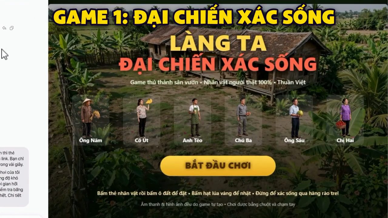 Màn hình bắt đầu của game Làng Ta Đại Chiến Xác Sống với sáu nhân vật người thật và nút Bắt đầu chơi