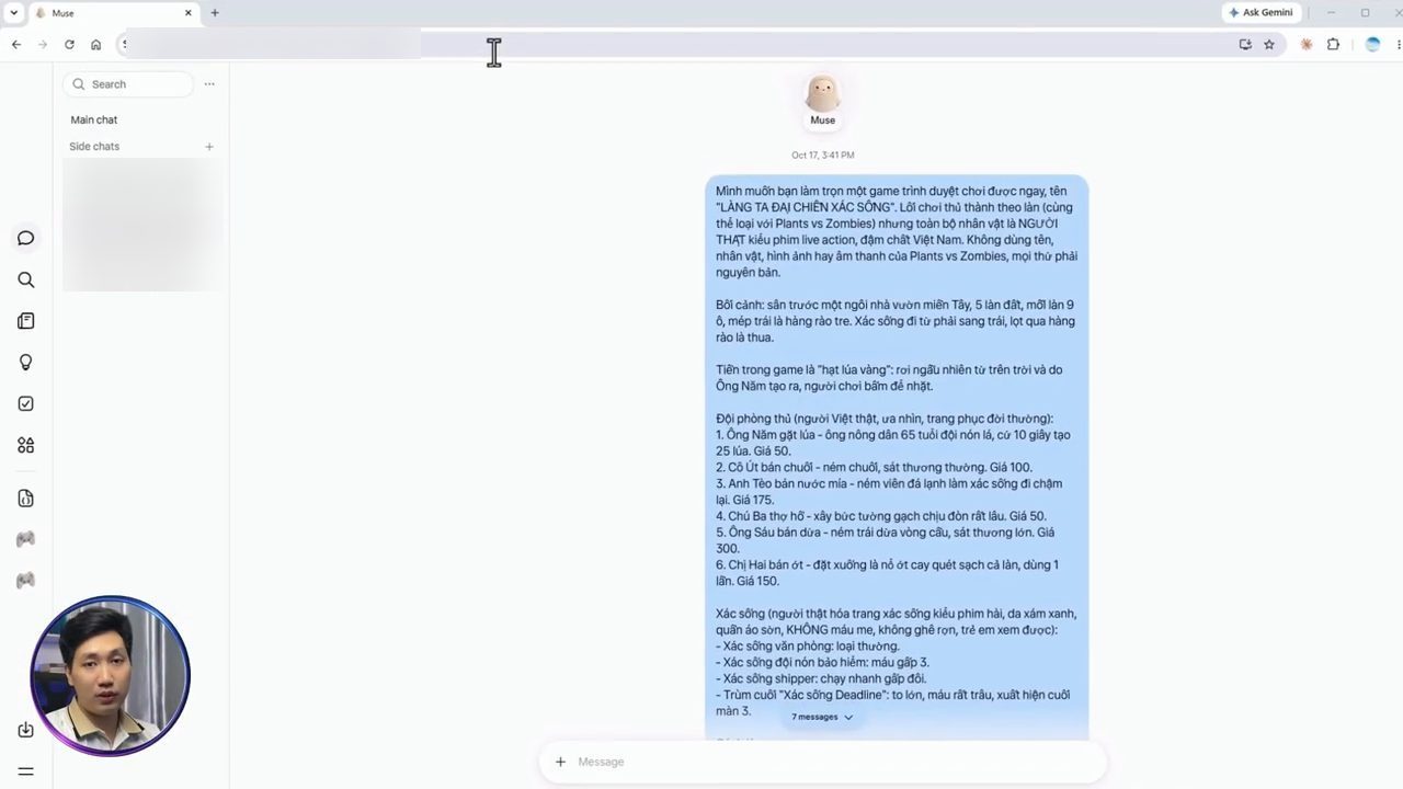 Giao diện chat của Muse với prompt dài yêu cầu làm game Làng Ta Đại Chiến Xác Sống