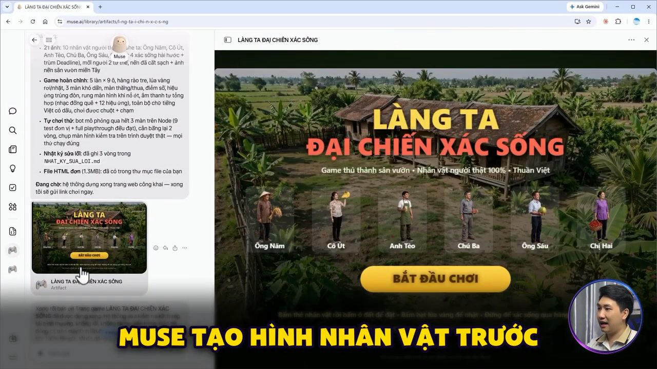 Muse báo đã xong 21 ảnh, game hoàn chỉnh, tự chơi thử, nhật ký sửa lỗi và file HTML, bên phải là game đang mở