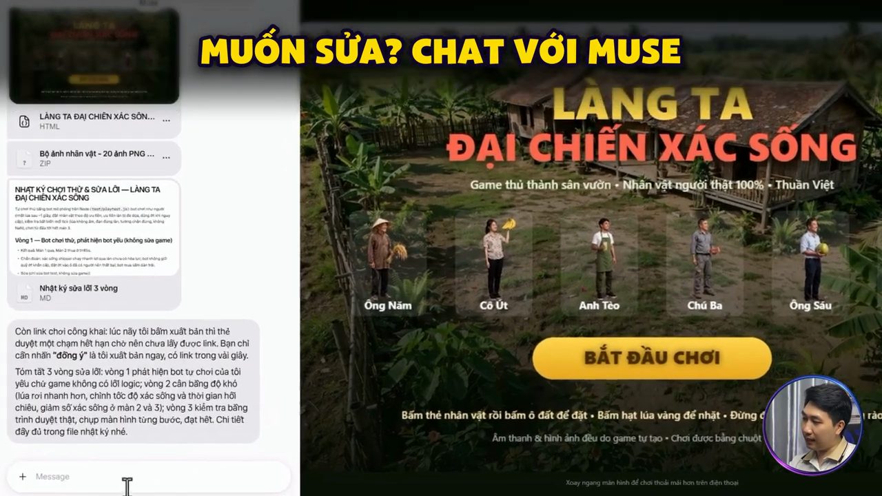 Khung chat của Muse với các file HTML, ZIP ảnh nhân vật, nhật ký sửa lỗi 3 vòng, bên phải là màn hình bắt đầu game